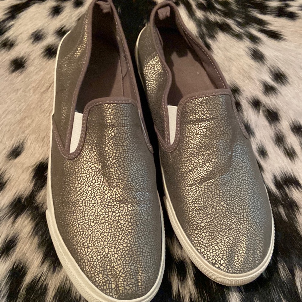 Fun filled gently worn pewter slide-on sneakers.
